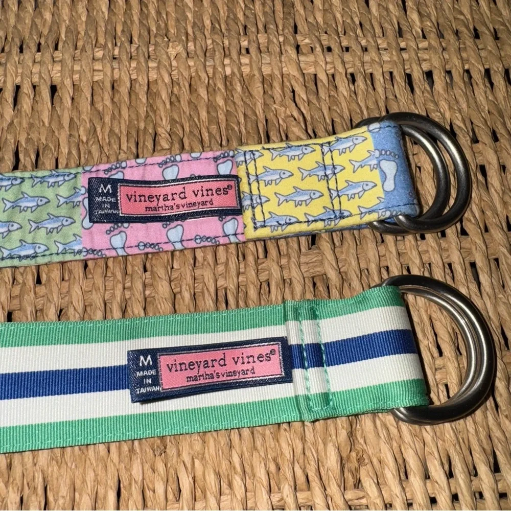 Bundle of Two Vtg Vineyard Vines Web Ribbon Belts Nautical M Blue Green Beach